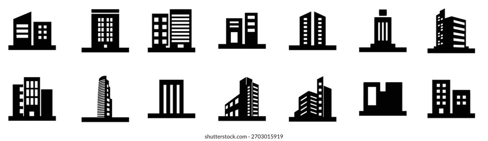Iconos de rascacielos. Conjunto de diferentes iconos de construcción. Señales de rascacielos simples. Iconos negros de la arquitectura