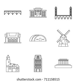 Skyscraper icons set. Outline set of 9 skyscraper vector icons for web isolated on white background