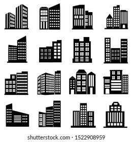 Skyscraper illustration icon vector, set of building symbol. bank, apartment, hotel, office, hospital, school icons design.  black and white colour. ready to print and web. eps 10 