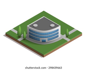 Skyscraper in isometric style of blue glass with tree.