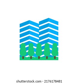 Skyscraper and landscape with trees. Colorful colored design and drawing. Isolated vector illustration on white background.