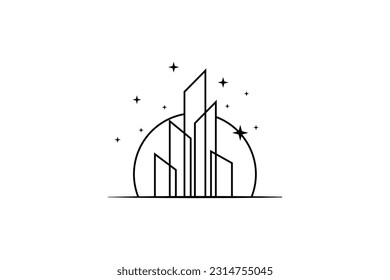 Skyscraper line art logo design with full moon and stars background