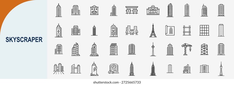Wolkenkratzer-Linien-Ikonensatz für moderne Stadtarchitektur und städtischen Gebäudevektor