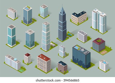 Skyscraper logo building icon. Set of buildings and isolated skyscraper. Isometric tower and office city architecture buildings, 3d house business building, apartment office vector illustration