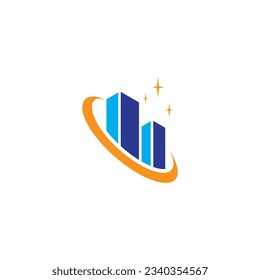 Diseño del logotipo de rascacielos con combinación de swoosh y estrellas