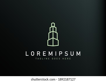 Diseño del logotipo de rascacielos. Ilustración vectorial de la construcción que se asemeja a una disposición de cubo. Plantilla moderna de icono de línea de diseño de logotipo