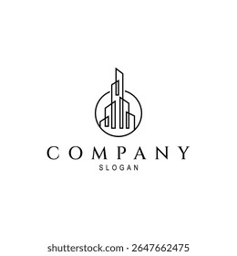 skyscraper logo with line art design style in circle shape