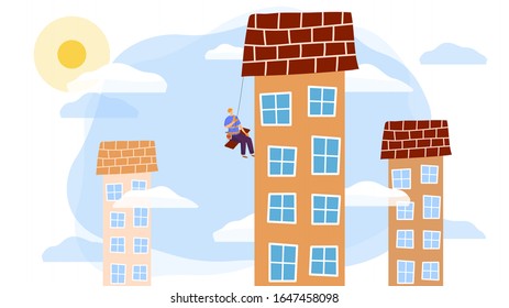 Skyscraper maintenance worker cartoon character, vector illustration. Repairman climbing high rise building, dangerous job. City in childish flat style, skyscraper repair service, exterior maintenance