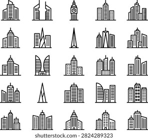 Skyscraper and Modern Tower Icon Set - City Architecture, Landmark Buildings and Business Towers Line Vector Icons