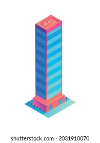 Skyscraper multistorey residential house in neon color 3d isometric vector illustration