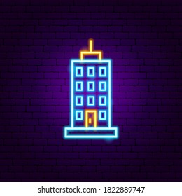 Signo de Neon de rascacielos. Ilustración vectorial de la promoción de la vivienda.