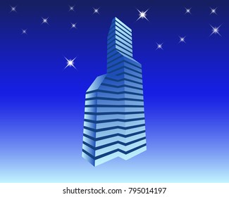 Skyscraper at night with shining stars on blue sky background. Vector illustration.