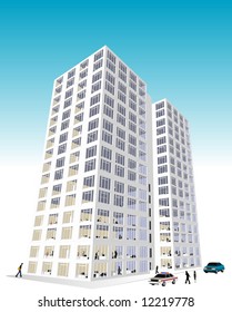 Skyscraper / Office Block in vector format. Every feature of each building including doors and windows can be edited or colored to suit.