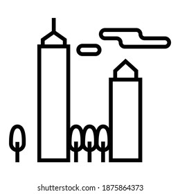 Icono plano de la construcción de la oficina de rascacielos aislado en fondo blanco