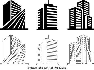 Conjunto de iconos de rascacielos y edificios de oficinas - Símbolos sólidos y de contorno para bienes raíces y negocios Corporativas

