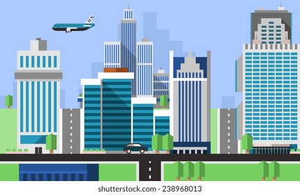 Skyscraper offices flat background with business real estate property apartments vector illustration