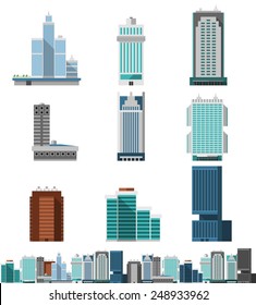 Skyscraper Offices Flat Business Buildings Set With City Skyline Decorative Icon Isolated Vector Illustration