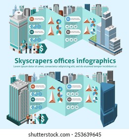 Skyscraper offices infographics with 3d isometric high buildings and charts vector illustration