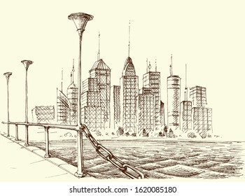 Skyscraper panorama, city view from the harbour sketch