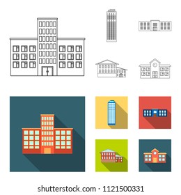 Skyscraper, police, hotel, school.Building set collection icons in outline,flat style vector symbol stock illustration web.