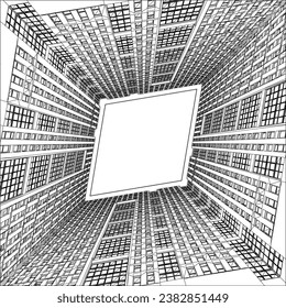 Vector 105 del edificio residencial de rascacielos. Vista De Paisaje De Los Rascacielos Desde El Cielo Hasta El Suelo. Aislado En Un Fondo Blanco. Edificio de varios departamentos. Concepto: arquitectura moderna y diseño.