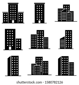 Skyscraper set icons, logo isolated on white background. High-rise buildings, city icon