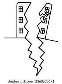 The skyscraper is split into several parts. Part of the house began to collapse and fall. Sketch. There were cracks along the facade due to earthquake tremors. Vector illustration. 