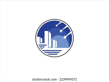 Skyscraper with three shooting stars in the night sky logo, good for enterprise logo, community,brand of product, icons, stickers, and etc.