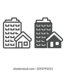 Skyscraper tower and cottage building line and solid icon, real estate concept. Vector graphics. City skyscraper, private house sign on white background, outline style icon for mobile or web design