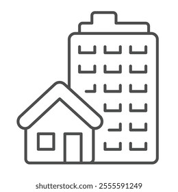 Skyscraper tower and cottage building thin line icon, real estate concept. Vector graphics. City skyscraper, private house sign on white background, outline style icon for mobile or web design