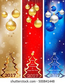 Skyscraper web Banner set for Christmas and New Year 2017, in three colors. Contains Christmas baubles, Christmas tree and celebration decoration elements.