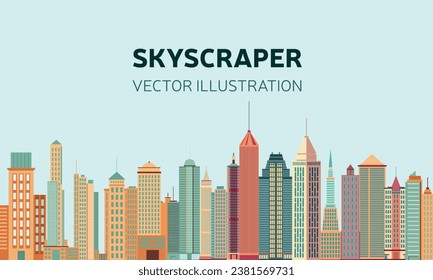 Skyscrapers background in flat style. Vector banner with office buildings. Hand drawn vector art. 