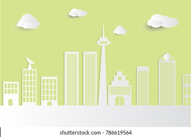 Skyscrapers in the big city style icons Paper Cut On Vector illustration On green background