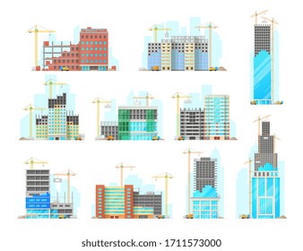 Skyscrapers building construction isolated cartoon vector icons set. Working cranes put stone blocks on buildings facade, concrete mixer and lorry with sand riding on site. Urban housing build process