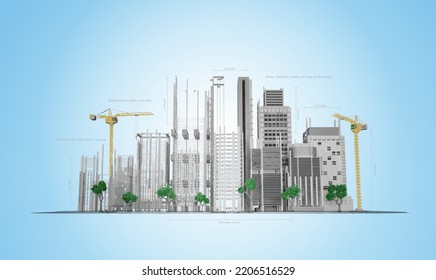 Skyscrapers in building process on the blueprints. Drawing city.Vector illustration