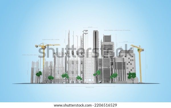 Skyscrapers Building Process On Blueprints Drawing Stock Vector ...