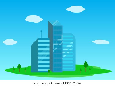 Skyscrapers buildings on green surface trees around and clouds in the sky
