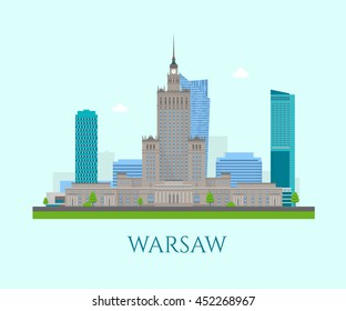 Skyscrapers at the business center of Warsaw city. Detailed colorful landscape composition. Warsaw's places to travel. Vector illustration.