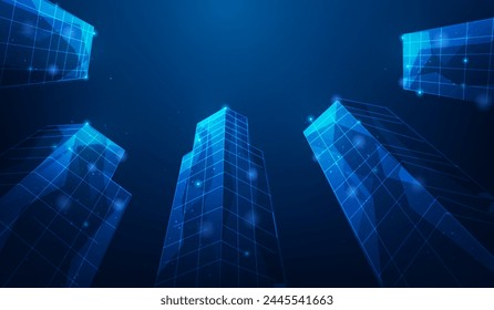 skyscrapers business office modern buildings low poly wireframe on blue background. copy space for text.technology digital building.vector illustration fantastic digital design.