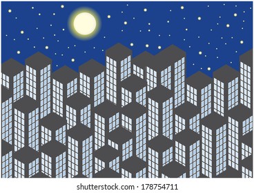 skyscrapers by night, color vector cartoon illustration