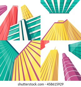 Skyscrapers in the city. Bottom view. Cartoon vector illustration. Vintage style. Buildings in downtown. Corporate architecture