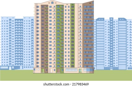 Skyscrapers. City district. Detailed image, flat colors.