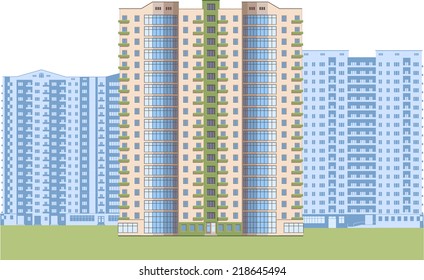 Skyscrapers. City district. Detailed image, flat colors.