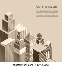 Skyscrapers city poster. Vector illustration of old sepia photographic style cityscape scene. The buildings in upper perspective and grouped in a cluster sky-scrapers.