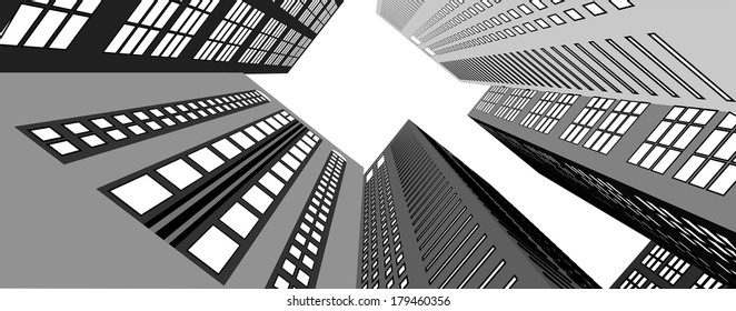 Skyscrapers in the city view from below. Vector illustration