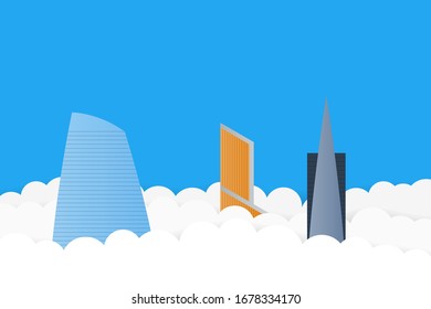 Skyscrapers in the clouds vector background in flat style