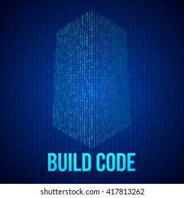 Skyscrapers code. Binary digital form of futuristic city building. Vector llustration of matrix abstract 3d tech background. Web developer coding concept.