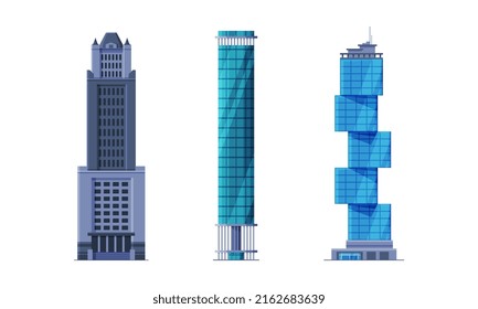 Skyscrapers facades set. Modern city buildings cartoon vector illustration