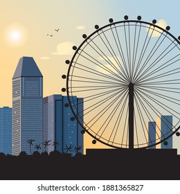 Skyscrapers and a Ferris wheel, palms against the sunset sky. Can be used as background, poster, advertisement, brochure.