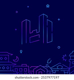 Arranha-céus, ícone vetorial de linha de gradiente de cidade futura, ilustração simples em um fundo azul escuro, construindo borda inferior relacionada.